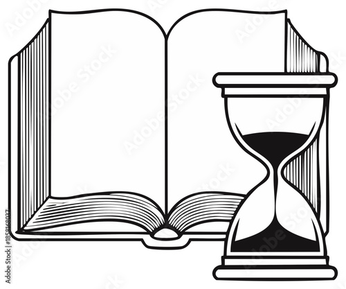 Open book next to an hourglass, concept of time, education, and learning