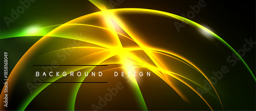 Dynamic neon lines create abstract shapes. Bright yellow center radiates outward, contrasting dark background. Modern design element.