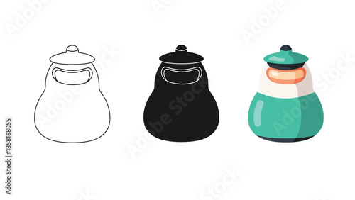 Set of three icons representing a jar or container outline, silhouette and colored illustration