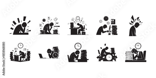 Office Burnout and Deadline Stress Icon Set Showing Overworked Employee, Paperwork Overload and Time Pressure