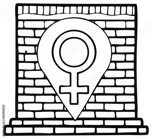 Female gender symbol map pointer on a brick wall representing women's location and identity