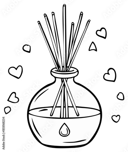 Aromatherapy diffuser with hearts and scent droplets symbolizing relaxation and wellbeing