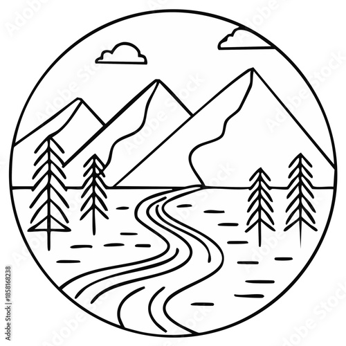 Minimalist line art illustration of a serene mountain landscape with winding river and evergreen trees.