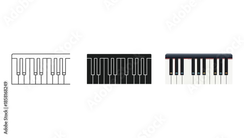 Set of three keyboard icons outline, silhouette and realistic illustration of a small musical keyboard or synthesizer keys