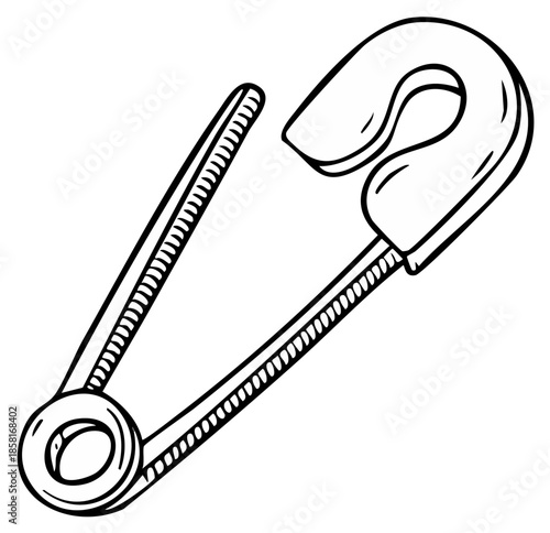 Safety pin illustration, Hand-drawn metal safety pin used to fasten pieces of fabric together, detailed sketch for creative project design