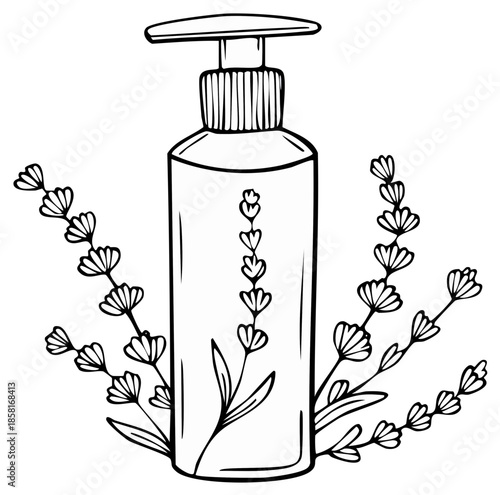 Illustration of a hand soap dispenser with lavender flowers and sprigs drawing in black and white