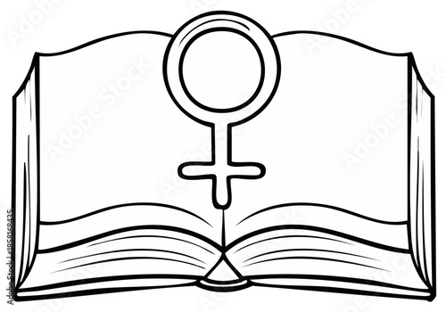 Open book with feminist symbol, black and white illustration