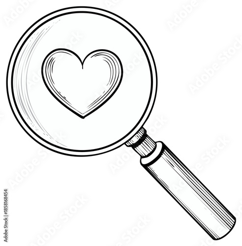 Magnifying glass focused on a sketched heart symbol representing love and discovery