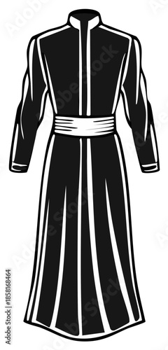 Black and white illustration of a long robe garment with a belt
