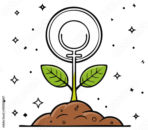 Feminine symbol growing as a plant from fertile soil with starry background