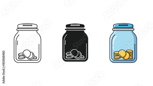 Set of three piggy bank icons with coins inside outline, solid black and color illustration of a glass jar for saving money