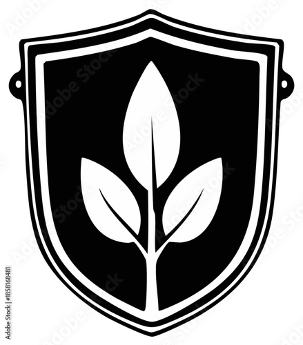 Emblem of plant with three leaves in heraldic crest, black and white leaf emblem