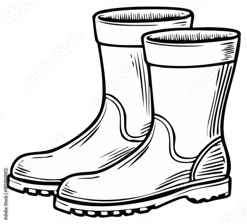 Ink drawing of a pair of rain boots in a classic style, side view.