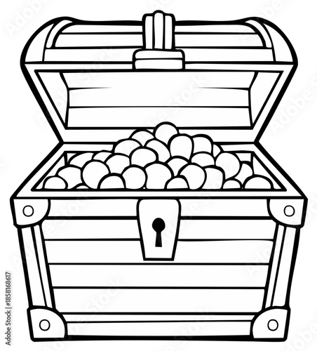 Open treasure chest overflowing with gold coins monochrome illustration