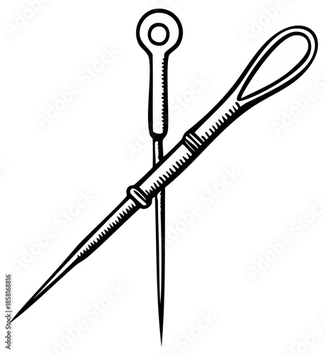 Two hand-drawn cross sewing needles and awl tool for crafting and sewing with loop eye and pointed tip
