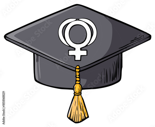 Black graduation cap with stylized female symbol illustration