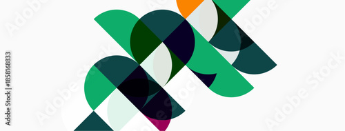 Abstract geometric shapes overlap, creating dynamic composition. Green, navy, orange hues dominate white background. Modern design.