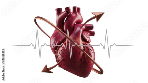 Realistic human heart isolated PNG on transparent background, anatomical organ with heartbeat line and circulation arrows for medical use