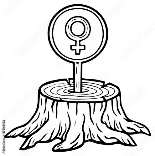 Symbol of Womanhood Stuck in Tree Trunk: Bold Black Outline, Gender Identity, Nature Art
