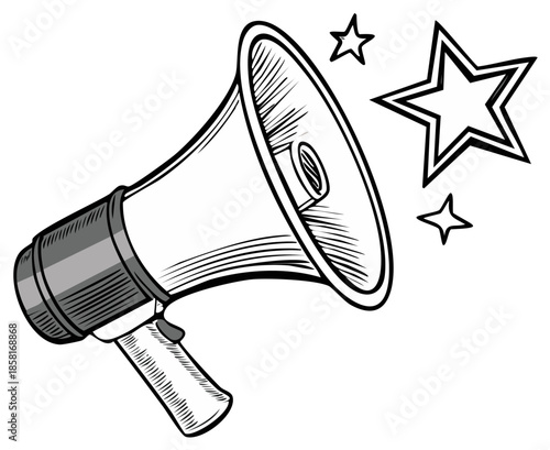 Retro style megaphone with sparkling stars. Announcement, promotion, advertising illustration.