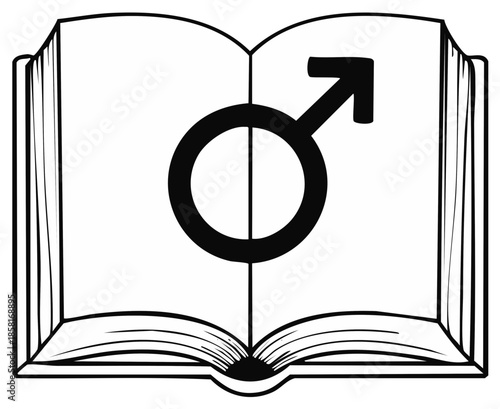 Open book with male gender symbol on white pages symbolizing masculinity knowledge and identity