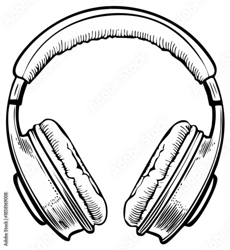 Vintage Style Over Ear Headphones with Textured Earpads Drawn in Sketchy Line Art