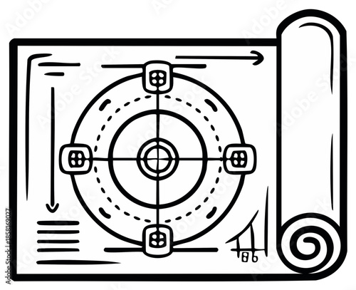Architectural blueprint illustration showing a circular design rolled up revealing white space for information on a transparent background.