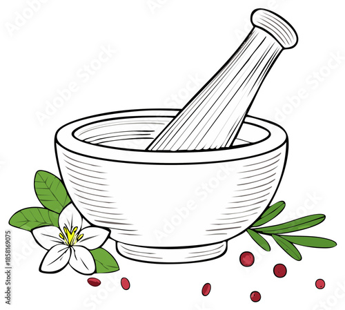 Herbal Remedy Preparation Mortar Pestle with Flower and Leaves