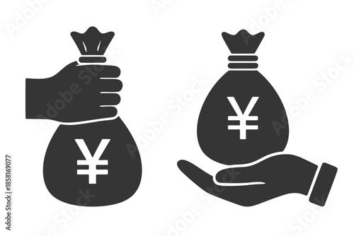 お金の袋を持つ手のシルエットアイコン（円）