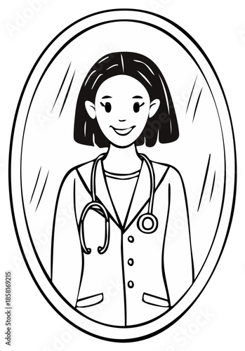 Smiling female doctor in lab coat in frame sketch drawing  Woman healthcare worker portrait wearing stethoscope outline illustration