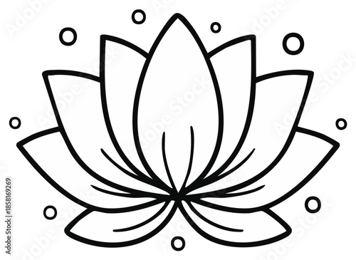 Stylized outline of a blooming lotus flower with dewdrop-like circles