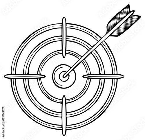 Arrow hitting target bullseye in hand drawn illustration