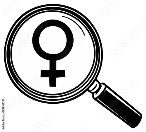 Magnifying glass examining the female gender symbol in a graphic illustration for research and analysis