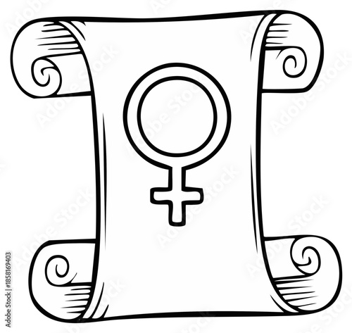 Old Scroll with Female Gender Symbol Illustration, Antiquity Parchment with Feminine Sign, Vintage Vector Drawing, Decorative Paper