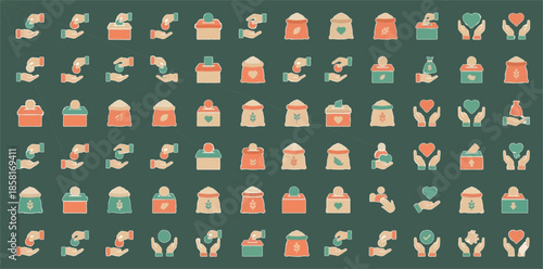 Flat Design Vector Icon Set of Charity, Donation, Zakat, and Humanitarian Aid Symbols.