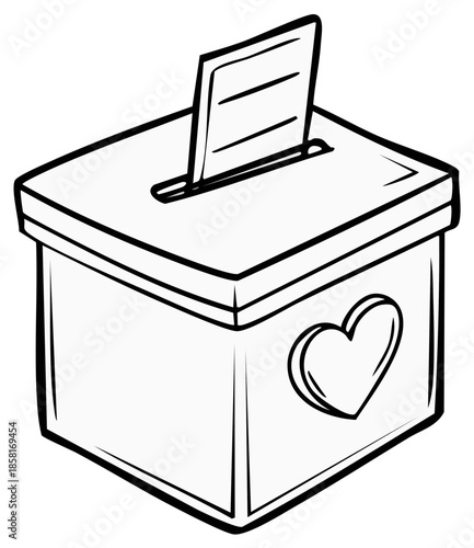 Isometric illustration of a ballot box with a heart symbol and inserted paper