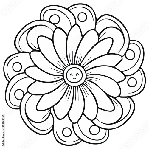 Smiling flower mandala coloring page design for relaxation and art therapy