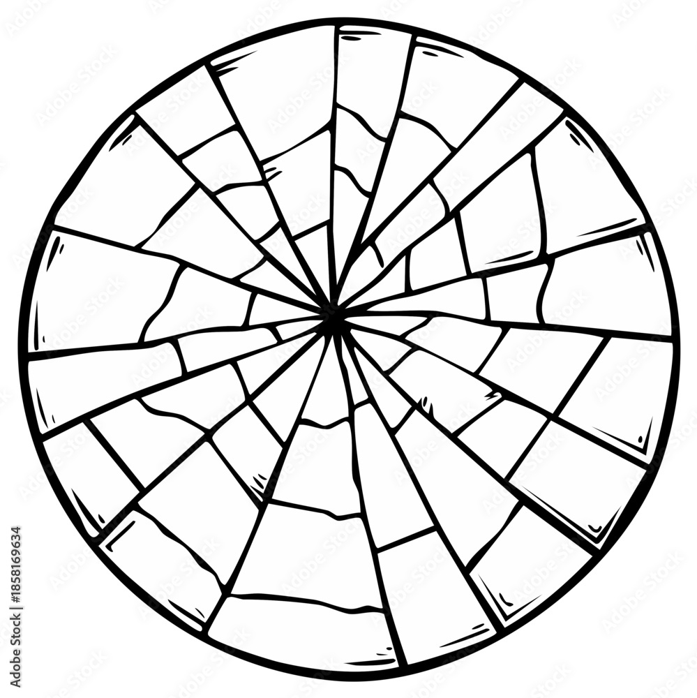Obraz premium Abstract illustration of a cracked circle graphic in black and white, radial design.