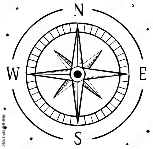 Detailed Compass Rose Illustration Black Lines Indicating Directions Design Element
