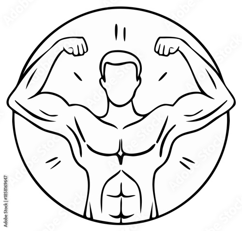 Muscular male silhouette flexing biceps inside a circle, fitness illustration