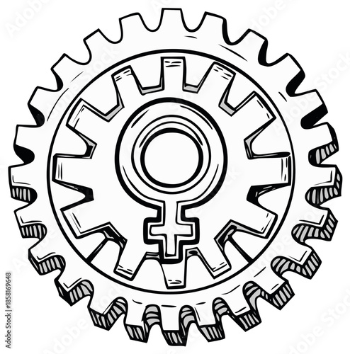 Gear Symbol of Feminism hand drawing illustration concept of woman empowerment mechanical industry graphic