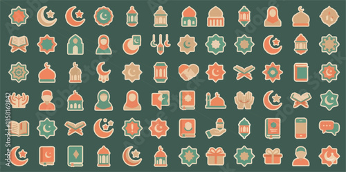 Vector Illustration of Muslim Families Entering Decorated Mosque Archway with Arabic Calligraphy Welcoming Ramadan at Night.