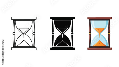 Set of three hourglass icons outline, solid black silhouette, and colored illustration, representing time measurement and passing