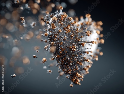 Abstract 3D rendering of a virus particle with golden and metallic spikes on a dark background