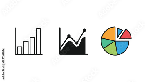 Set of three different chart icons bar chart, line graph, and pie chart, representing data visualization and statistics concepts