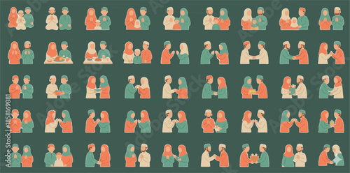 Flat Design Vector Character Set of Muslim Families Praying, Greeting, and Sharing Gifts During Ramadan.