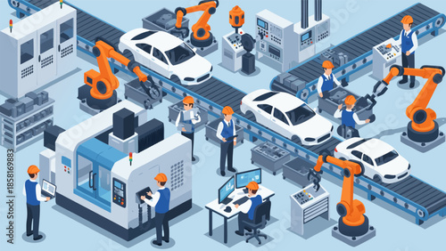 Vector illustration of an industrial factory scene with robotic arms assembling cars on a production line, viewed from above in a modern manufacturing environment