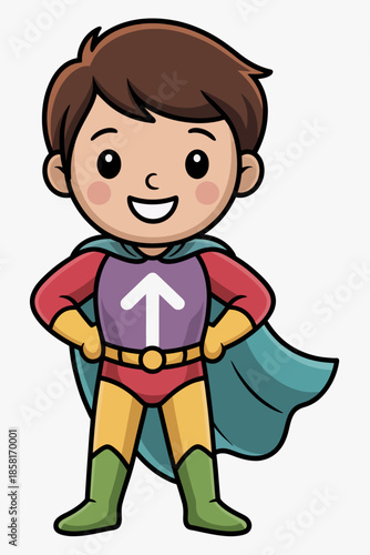 This illustration of a smiling boy in a superhero costume captures the essence of imagination and bravery, inspiring young hearts to dream of heroic adventures.