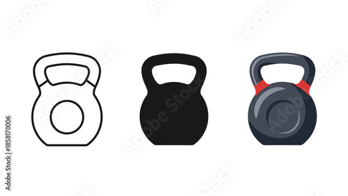 Set of three kettlebell icons outline, silhouette and realistic color illustration for fitness and weight training