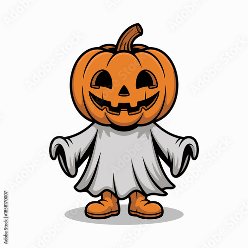 A whimsical pumpkin character dressed in a ghostly white sheet radiates a joyful Halloween spirit, combining elements of fun and festive creativity for a playful illustration.